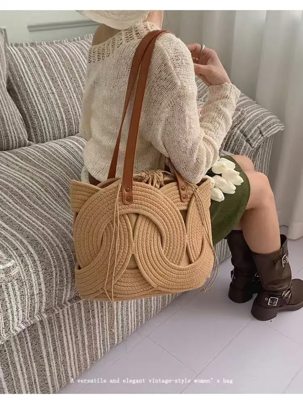 Sac Cabas Tressé Style Bohème avec Anses en Cuir