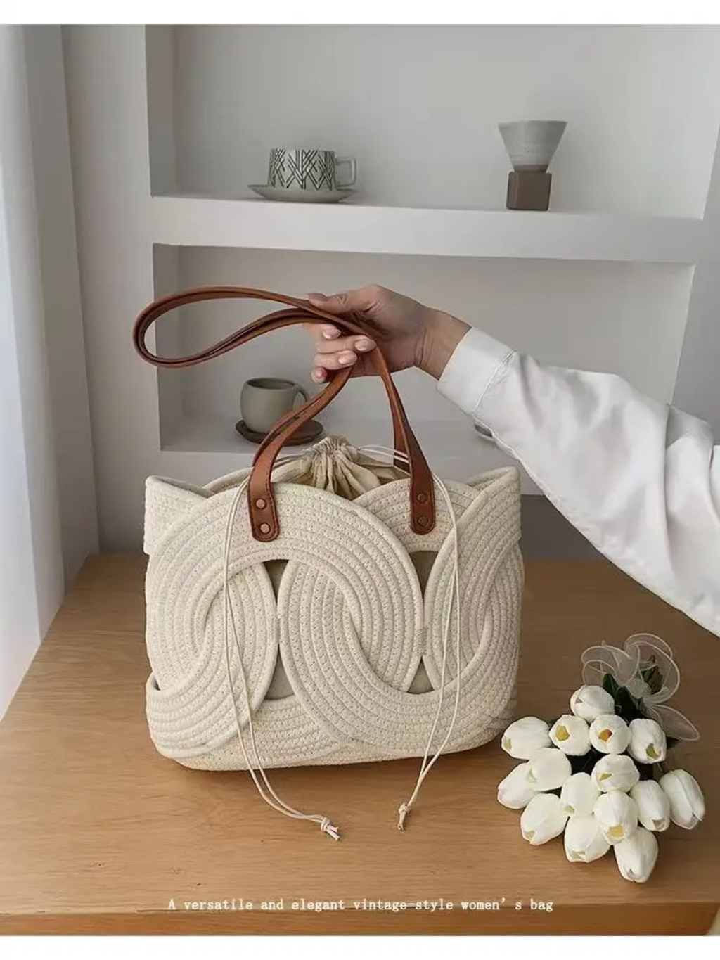 Sac Cabas Tressé Style Bohème avec Anses en Cuir