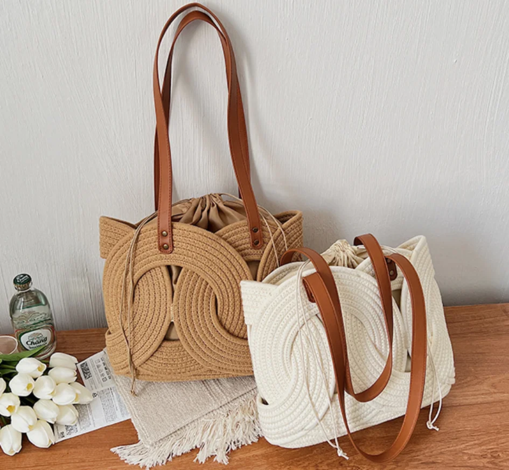 Sac Cabas Tressé Style Bohème avec Anses en Cuir