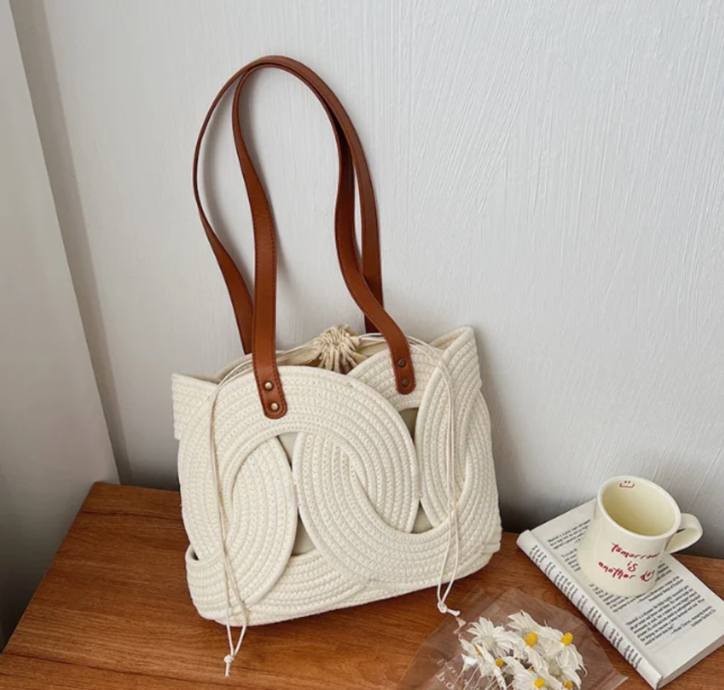 Sac Cabas Tressé Style Bohème avec Anses en Cuir