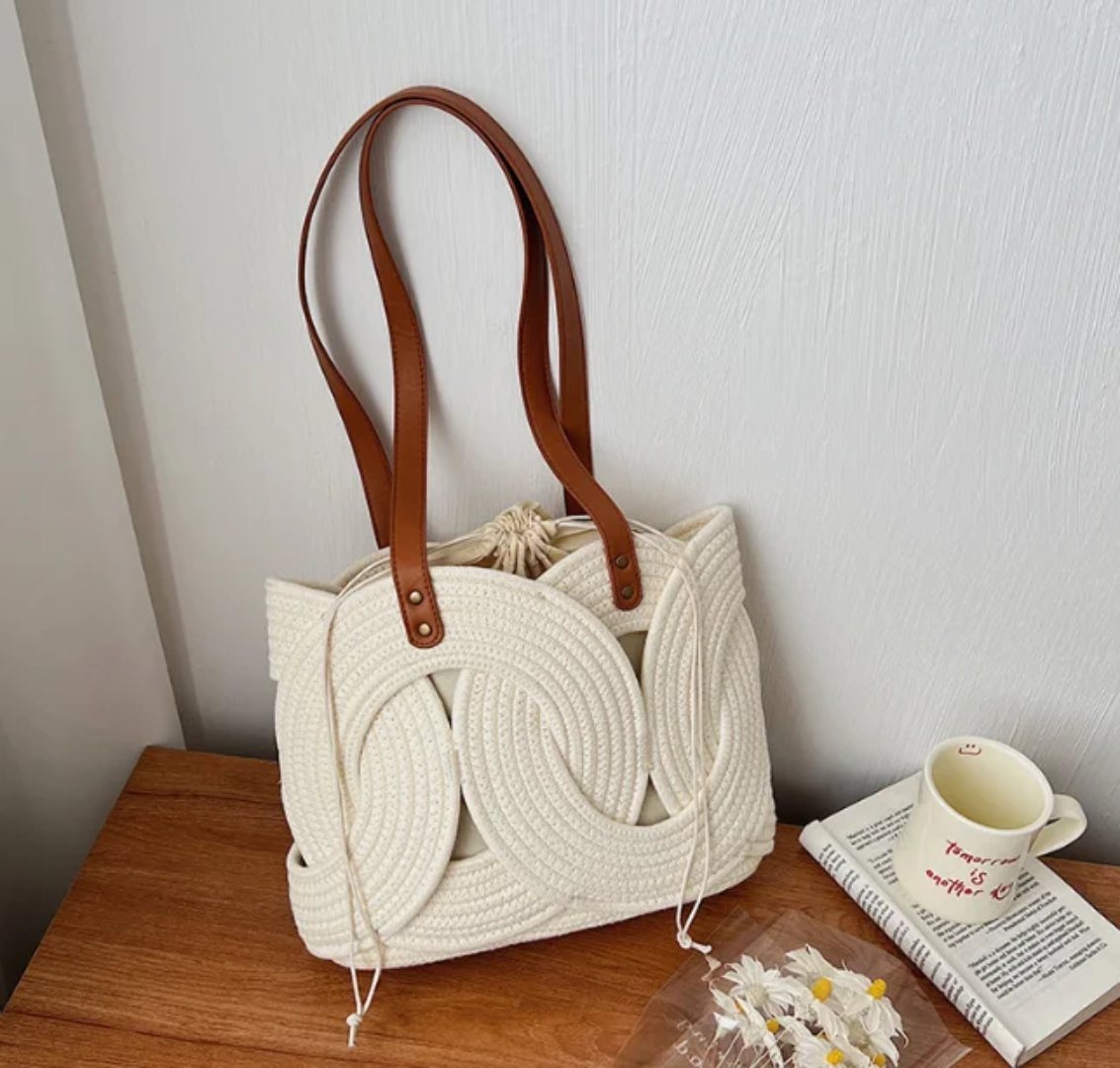 Sac Cabas Tressé Style Bohème avec Anses en Cuir
