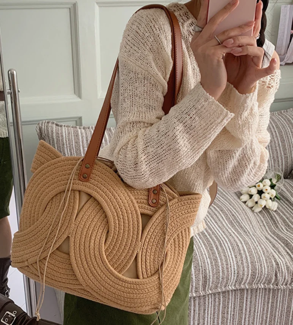 Sac Cabas Tressé Style Bohème avec Anses en Cuir