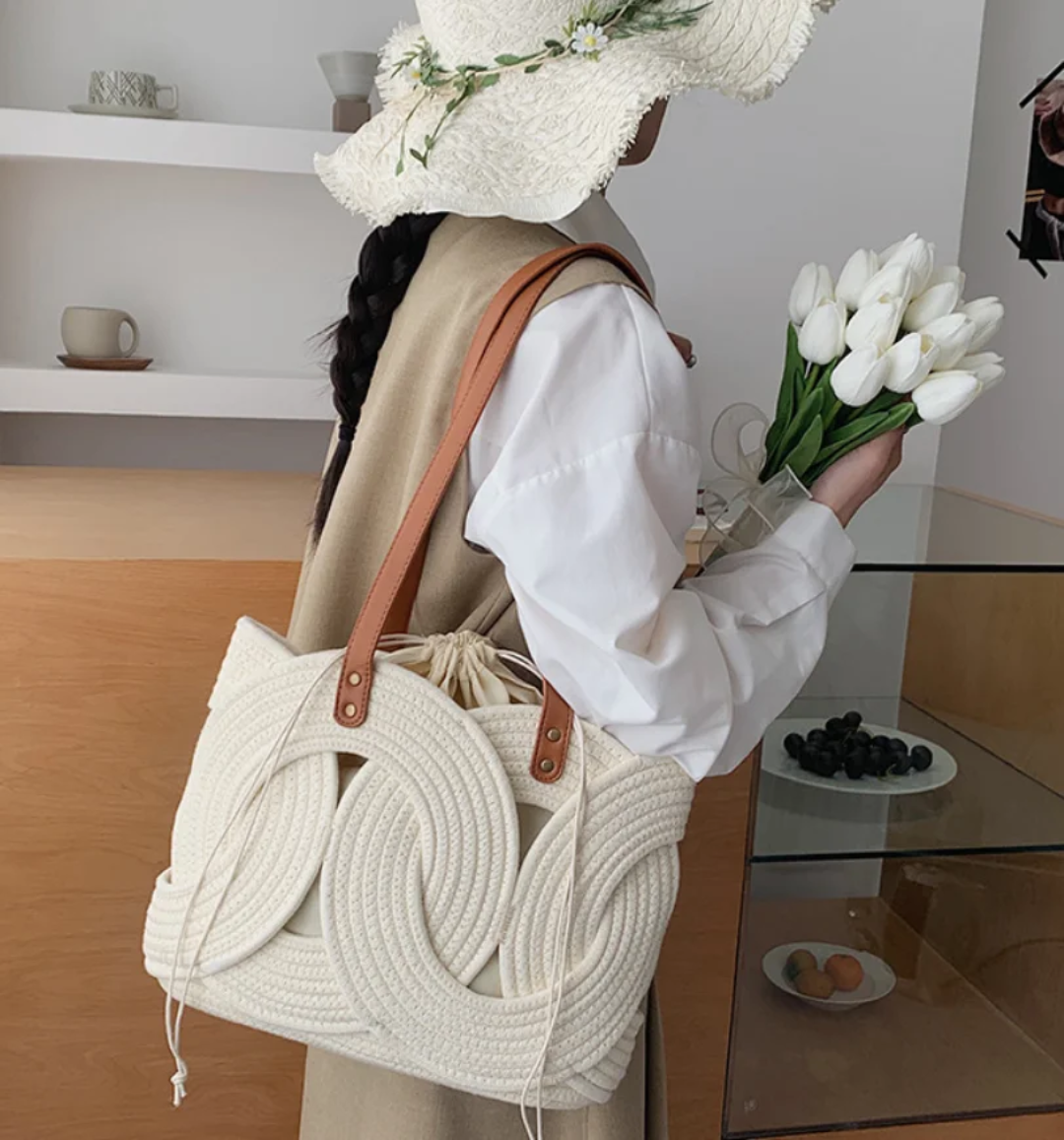 Sac Cabas Tressé Style Bohème avec Anses en Cuir