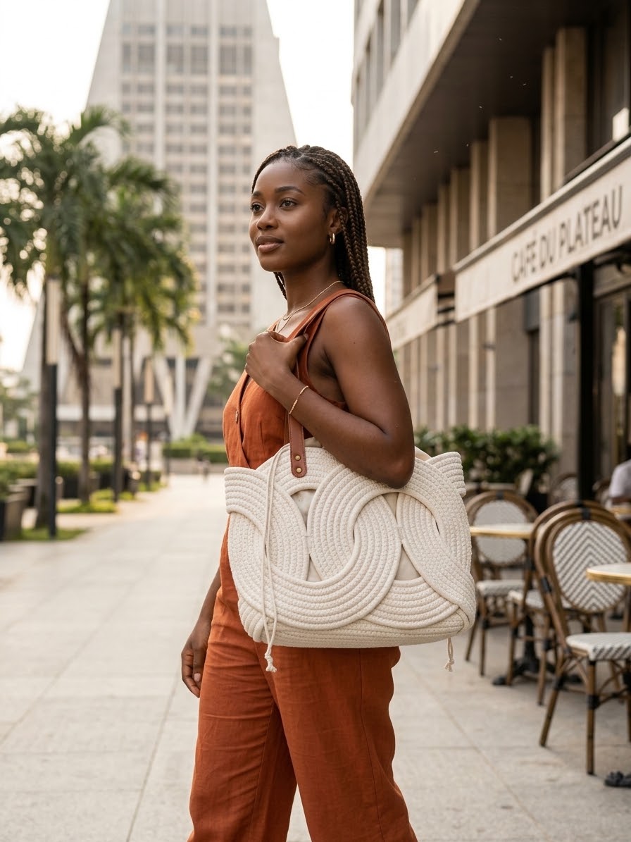 Sac Cabas Tressé Style Bohème avec Anses en Cuir